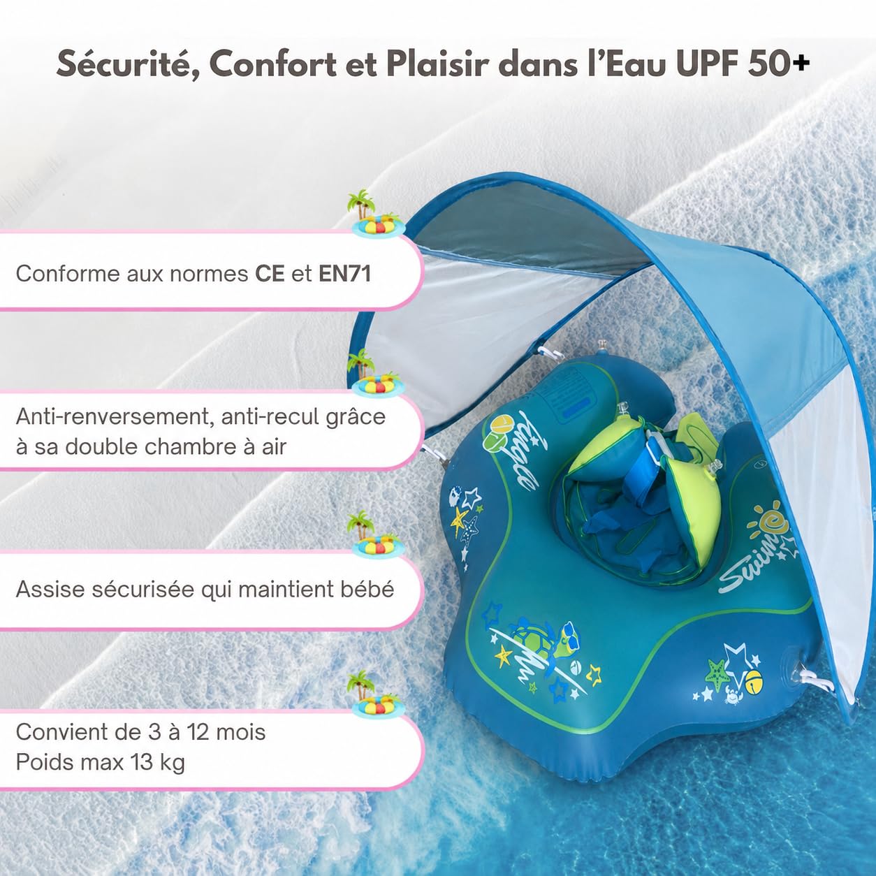 Bouée de bébé poney gonflable avec auvent solaire amovible et sangle de sécurité pour piscine