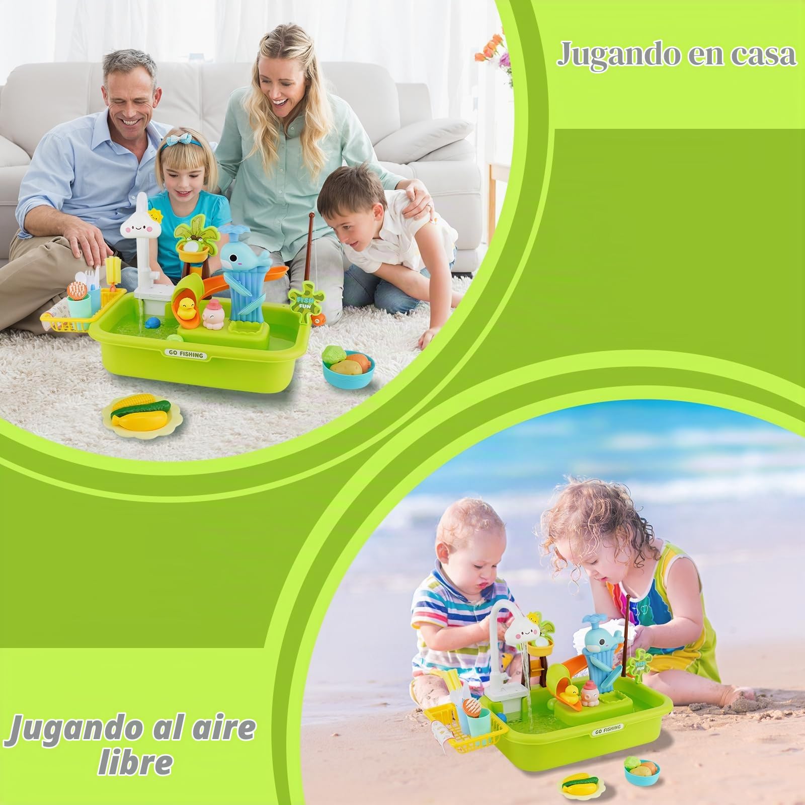Juguetes de Cocina,Fregadero Juguete con Agua,Cozinha Criança,Juguetes de Pesca Flotantes,Circulación Automática del Agua, Accesorios de Cocina Juguetes, Regalo para niños 3+ (Verde)
