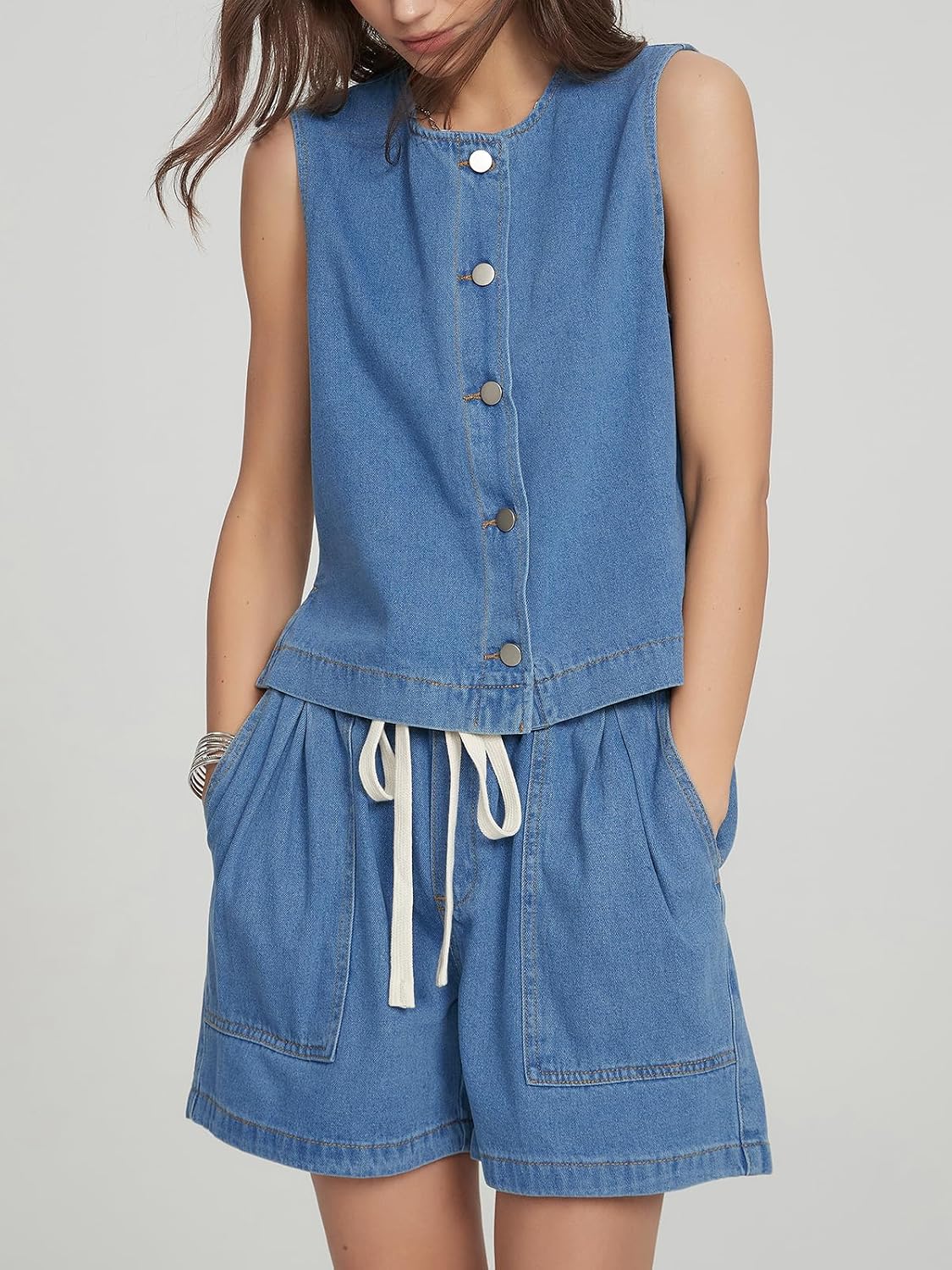 Kedera Denim Two Piece Outfits for Women Casual Sleeveless Denim Vest with Elastic Waist Baggy Jean Shorts Matching Set