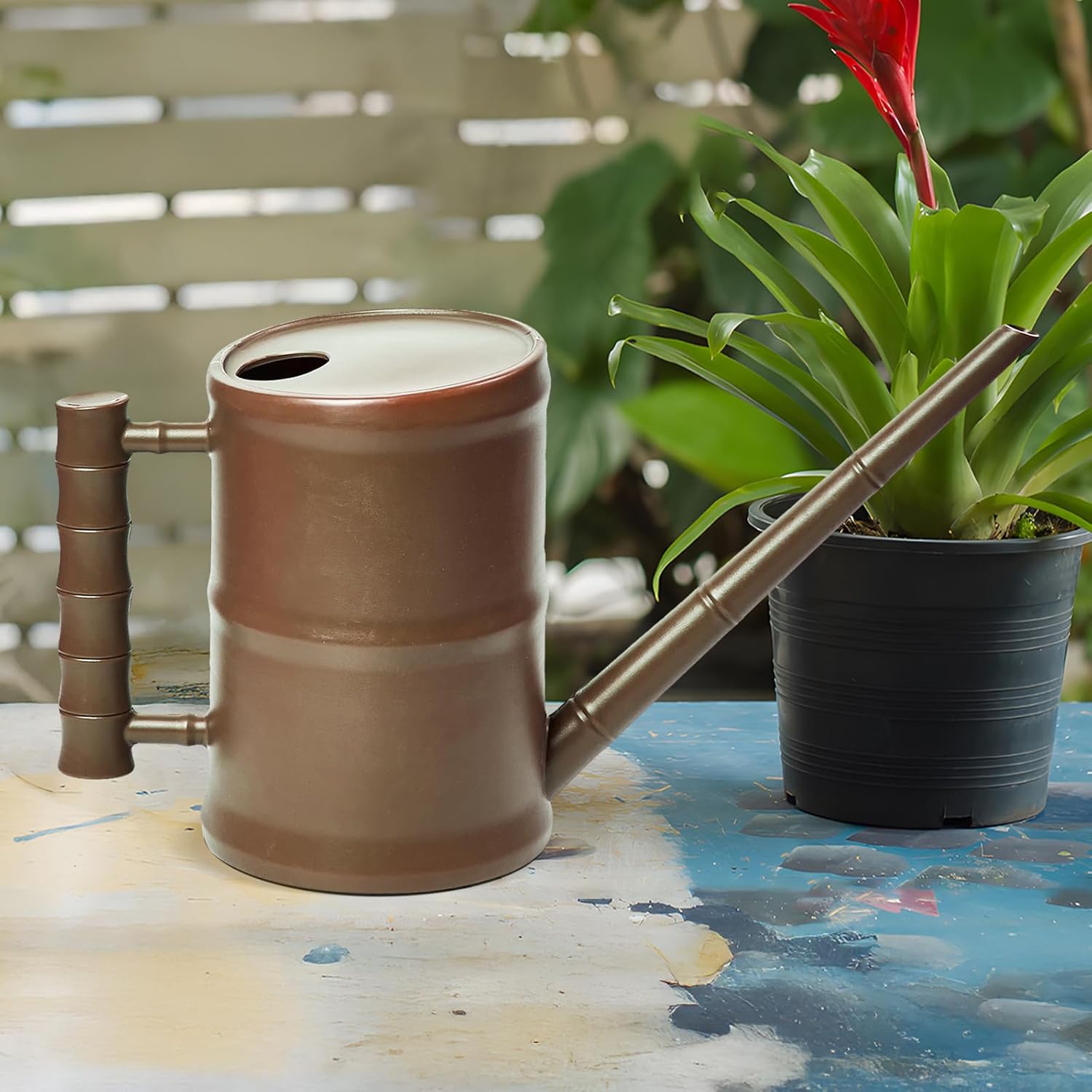 ZXJ Watering Can for Outdoor Indoor Plants - Small Plastic Home Garden - with Long Spout - Brown - 64 Oz - 1/2 Gallon