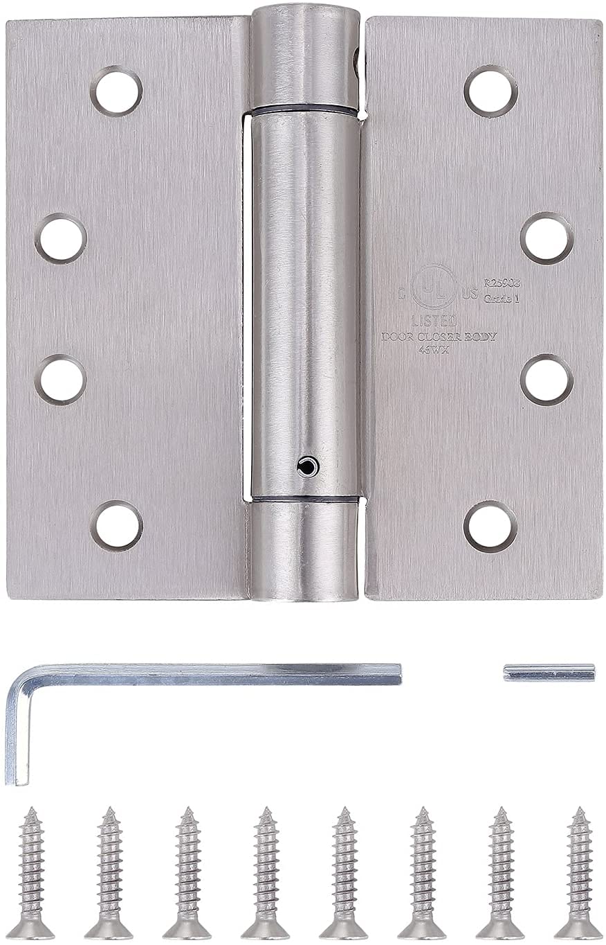 Pack of 3 - Residential Spring Hinge Door Hinge - Reversible - 4 Inch - Satin Nickel Finish - Squared Corners - Self Closing - by Dependable Direct