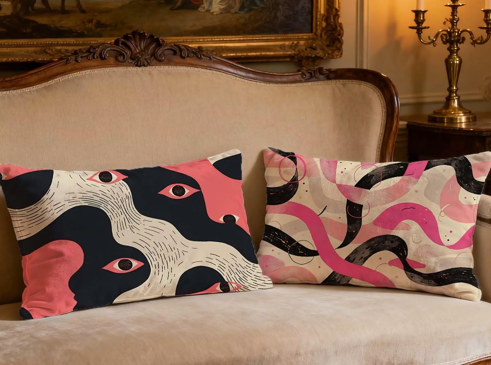 Housse de coussin 50x70 cm en velours (lot de 2) - Motif abstrait imprimé pour canapé et lit O-444B