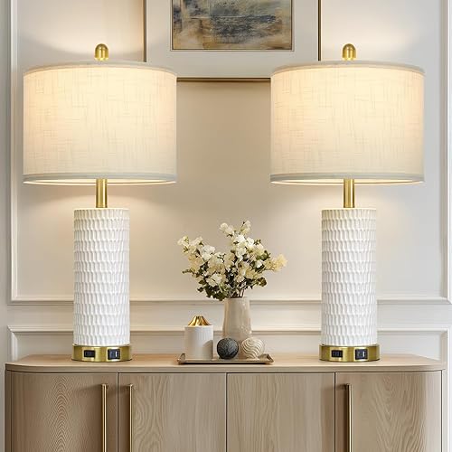 Miniatura 7 de Juego de 2 lámparas de cerámica blanca de 27 pulgadas para sala de estar, lámpara de mesa de cerámica táctil regulable de 3 vías para dormitorio,