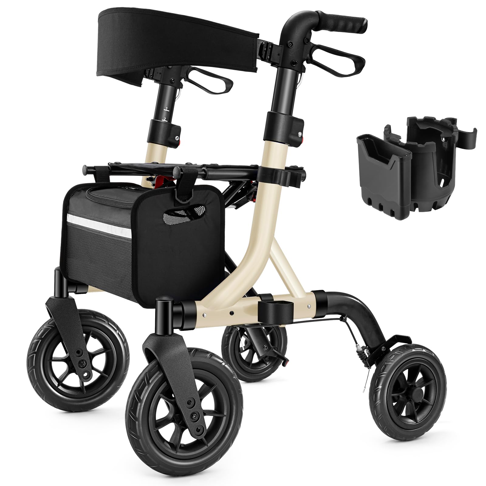 Walkers for Seniors, Rollator Walker with Seat, 10" Rubber Wheels All Terrain Rollator Walker with Backrest, Aluminum Walkers Built-in Cable, Foldable and Adjustable Height for Seniors, Beige