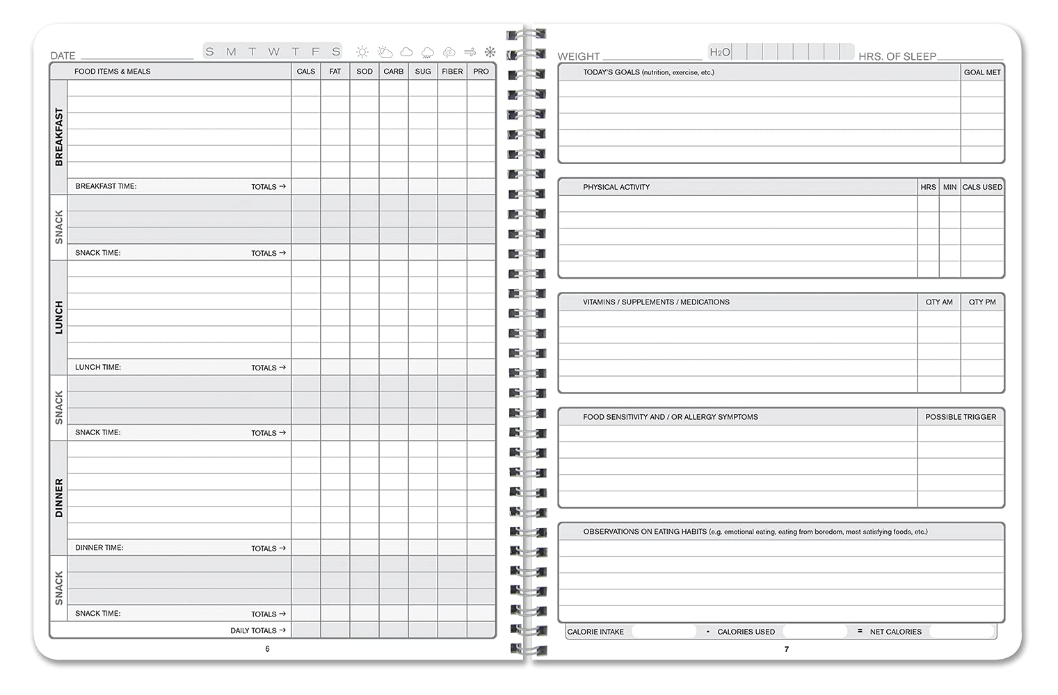 BookFactory Dziennik Żywności i Zdrowia/Dziennik Żywności/Dziennik Fitnessowy, 186 stron - 20 cm x 28 cm Trwała gruba półprzezroczysta okładka, wiązanie Wire-O (JOU-186-7CW-(FoodJournal))