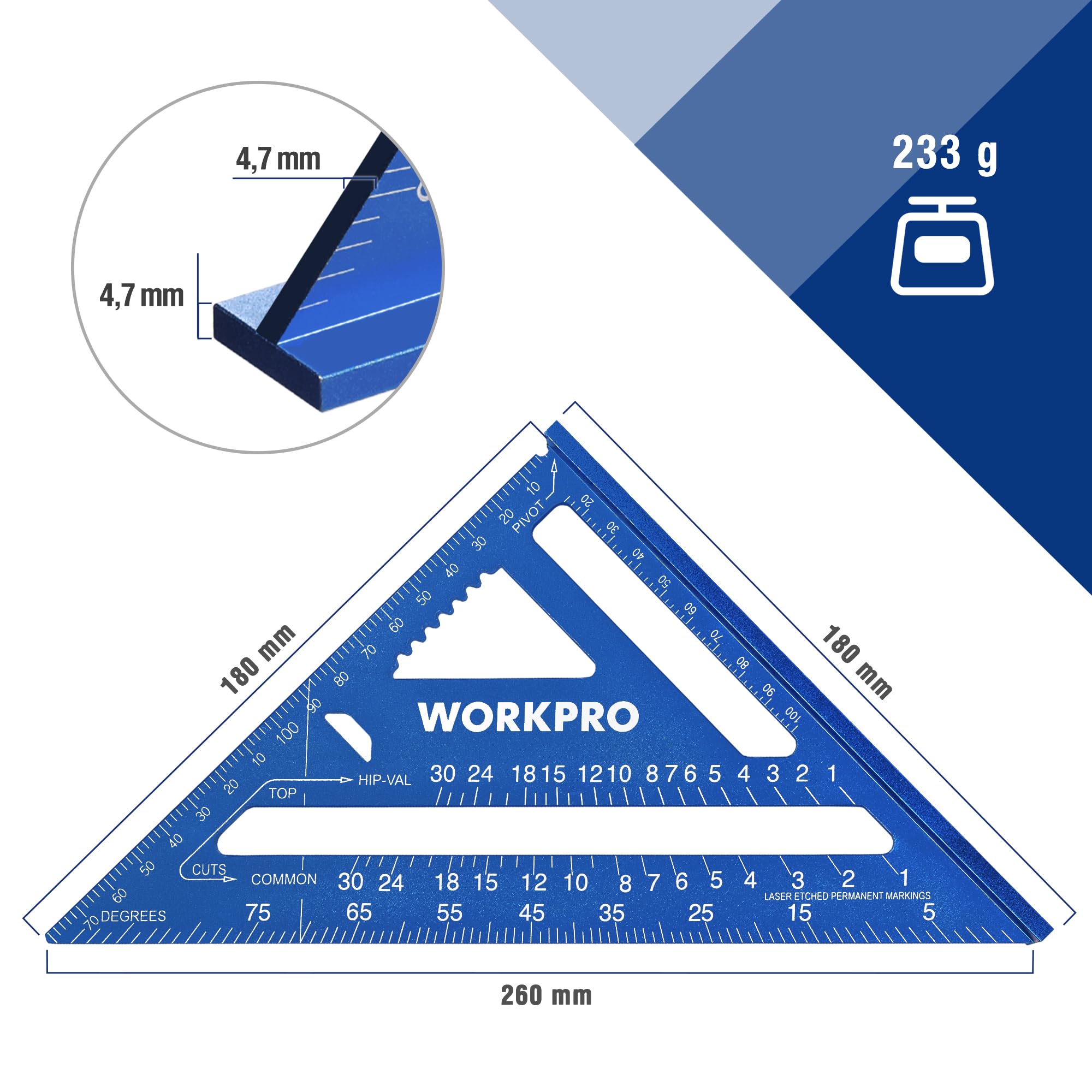 WORKPRO Equerre Menuisier 180 mm, Equerre de Charpentier Triangulaire en Alliage d'Aluminium, Equerre Multifonctionnels pour Bricolage, Outillage, Menuiserie (Métrique)