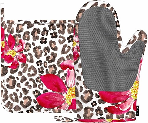 Manoplas abstractas para horno y soporte para ollas resistentes al calor, arte floral, hojas de leopardo, plantas de leopardo, vintage, rosa, para