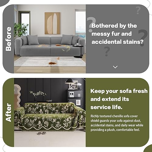 Miniatura 5 de DREAMINGO Green Floral Couch Cover Farmhouse Botanical Jacquard Sofa Covers for 2 Cushion Couch Cozy Chenille Living Room Furniture Loveseat