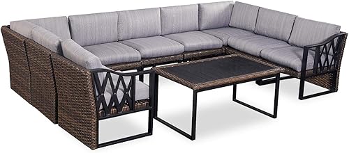 PatioFestival Patio Conversation Set 10 piezas Muebles Seccionales al aire libre Sofá Set con cojines gruesos, Gris