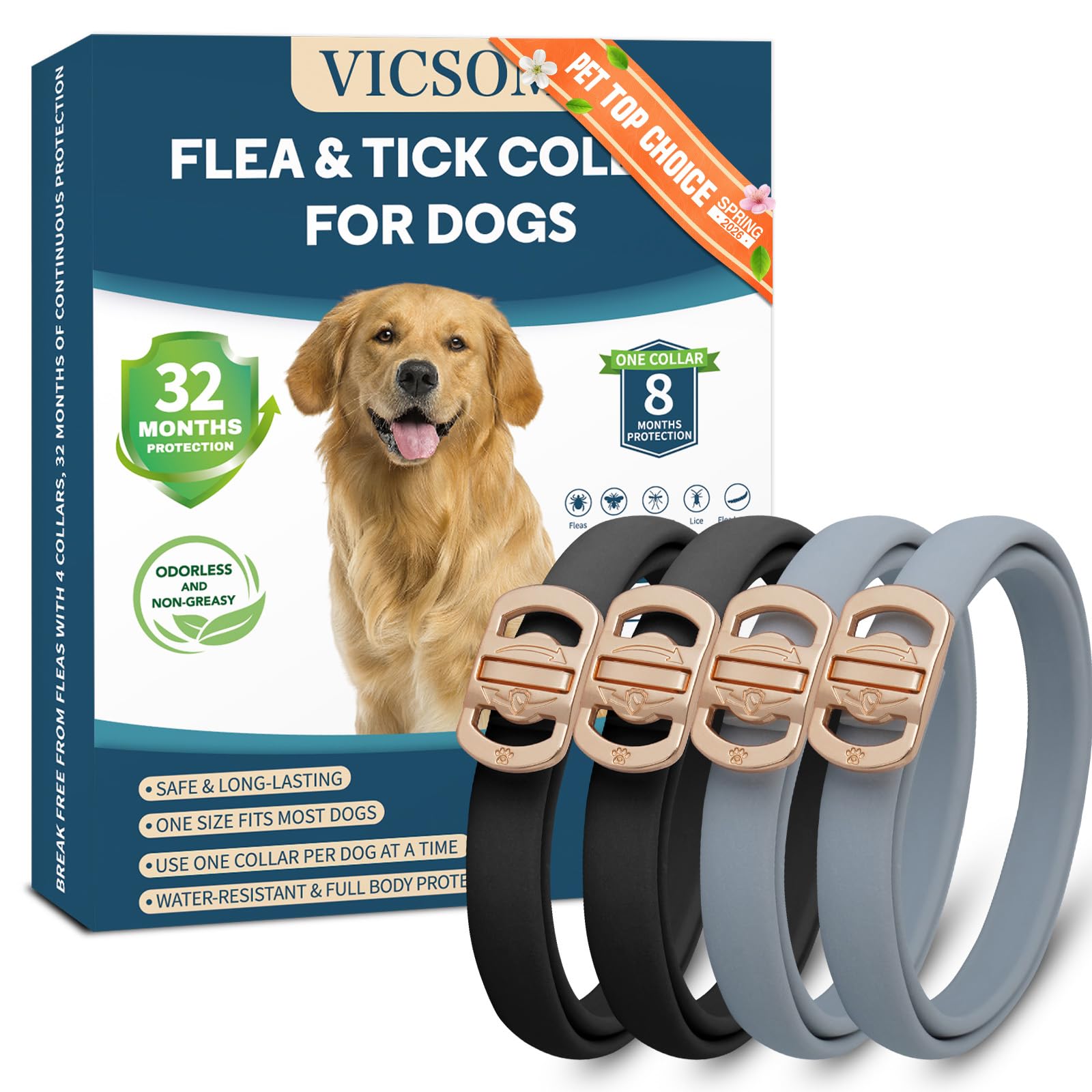 Flea and Tick Collar for Dogs 4 Pack, 32 Months Prevention, Waterproof, Adjustable for Small Medium Large Dogs Puppies (Black and Grey)