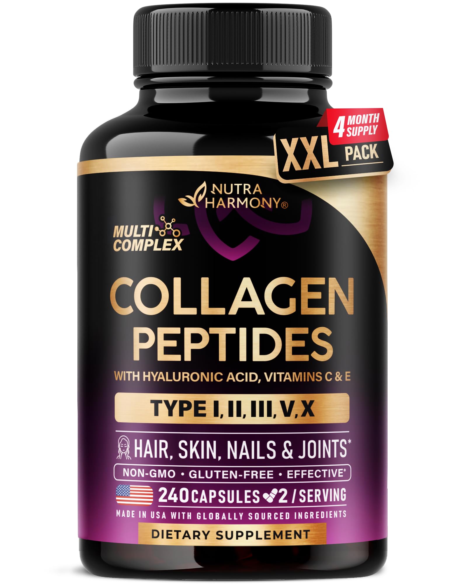 Multi Collagen Peptides - Hydrolyzed Types I, II, III, V & X - Collagen Supplement for Women 1300mg - w/ Hyaluronic Acid, Vitamins C & E - Skin, Hair, Nails & Joint Support - Made in USA, 240 Capsules