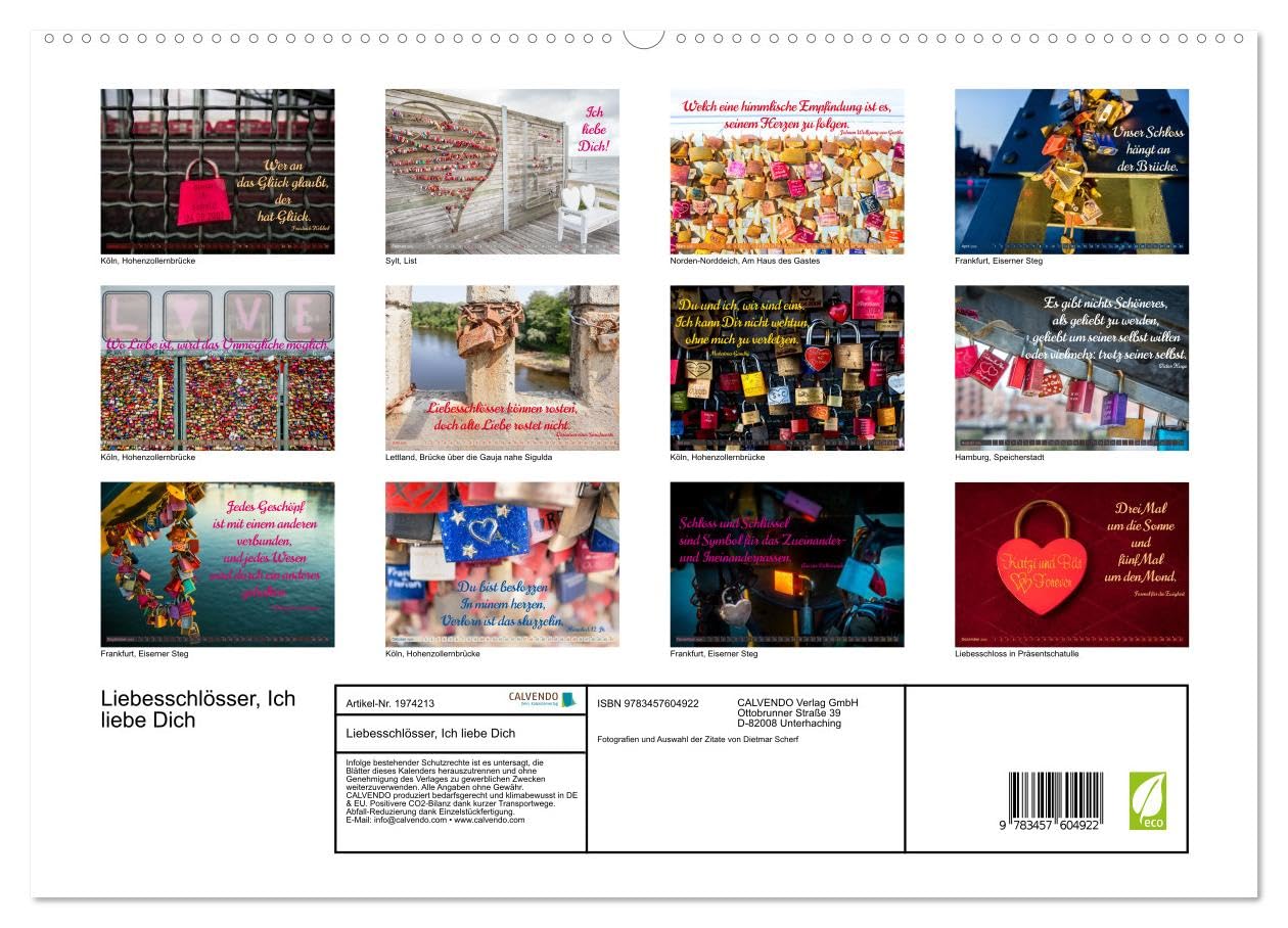 Liebesschlösser, Ich liebe Dich (Wandkalender 2026 DIN A2 quer), CALVENDO Monatskalender: Geschenk-Kalender mit Poesie, Sprüchen und Zitaten