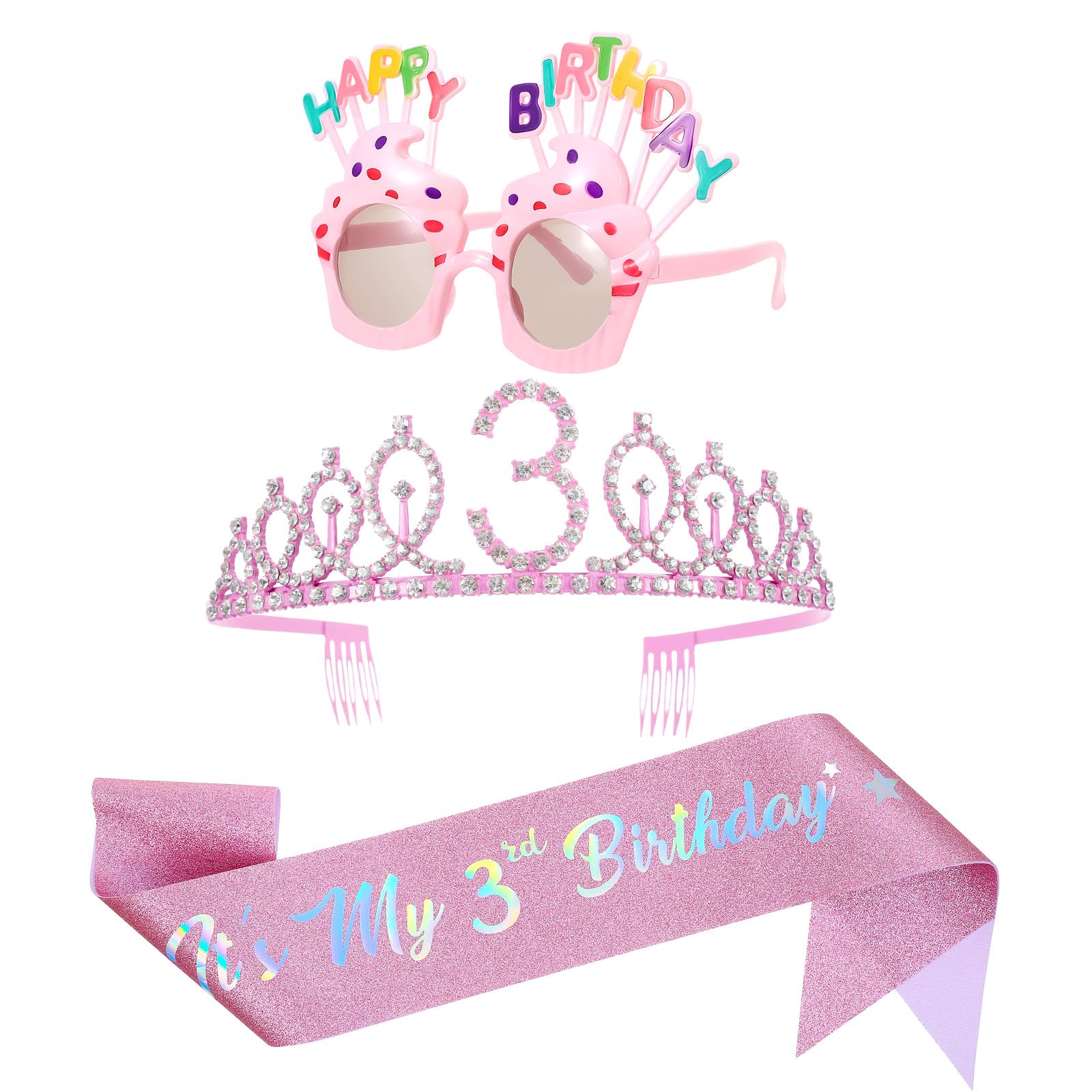 PEOVLVN 3th Birthday Decorations for Girls, Glitter Birthday Sash and Crown Kit with Happy Birthday Sunglasses Princess Tiara Birthday Party Decorations Gifts for 4 Year Old Girls Outfit