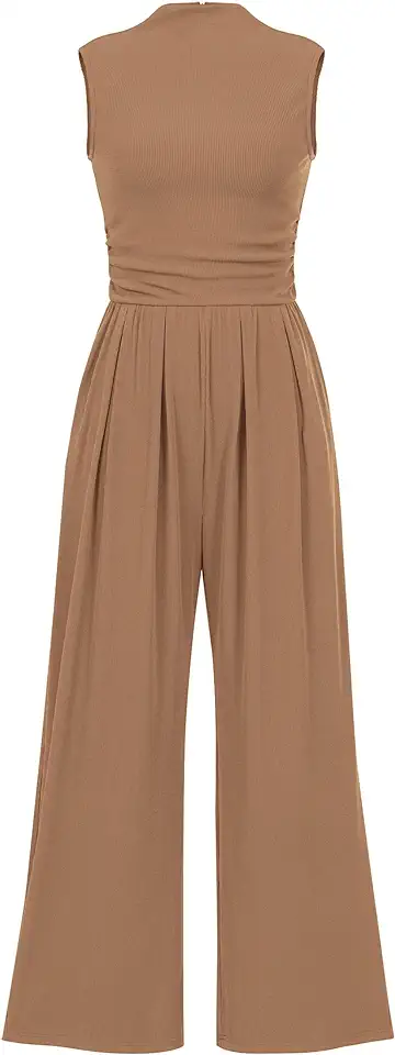 PRETTYGARDEN Womens Summer Jumpsuits Dressy Casual One Piece Outfits Sleeveless Mock Neck Wide Leg Pants Rompers with Pockets