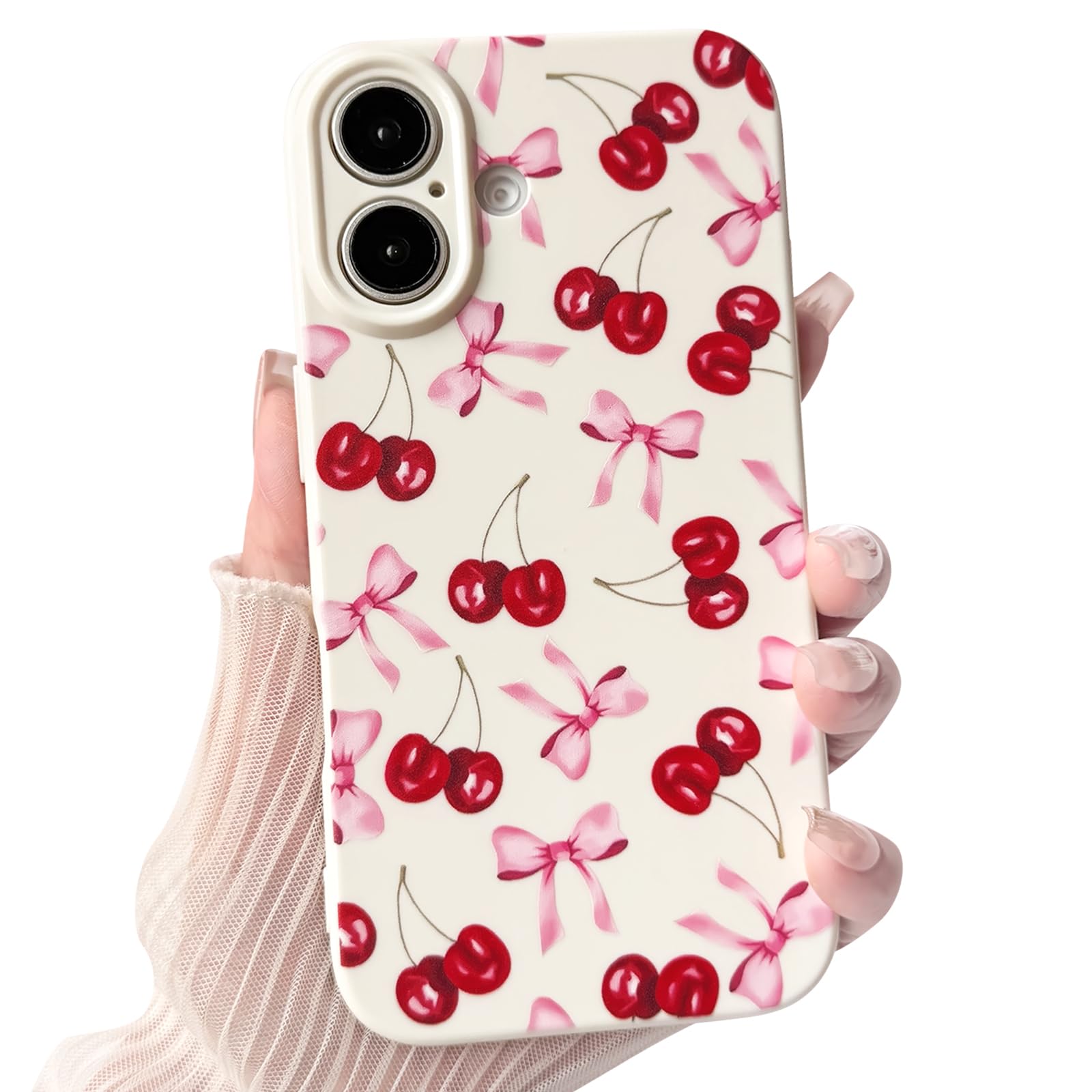 NITITOP Compatible with iPhone 16 Plus Case Cute Cherry Bow Ribbon Design for Women Girls Soft TPU Fit Slim Stylish Full Camera Protection Phone Cover