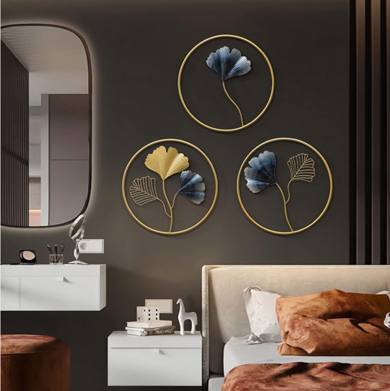 Sztuki Dekoracji ściennych, 3szt. Ginkgo Leaf Wall Decor Metal Art Rzeźby Ścienne Z Okrągłą Ramą Do Domu, Salonu, Kuchni, Sypialni Obrazy na ścianę do salonu