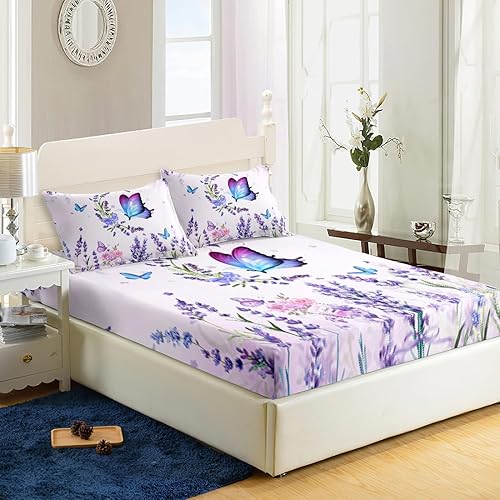 Miniatura 3 de AILONEN Juego de sábanas bajeras de tamaño matrimonial, diseño floral de lavanda floreciente, mariposa voladora, trae flores, juego de sábanas de 3