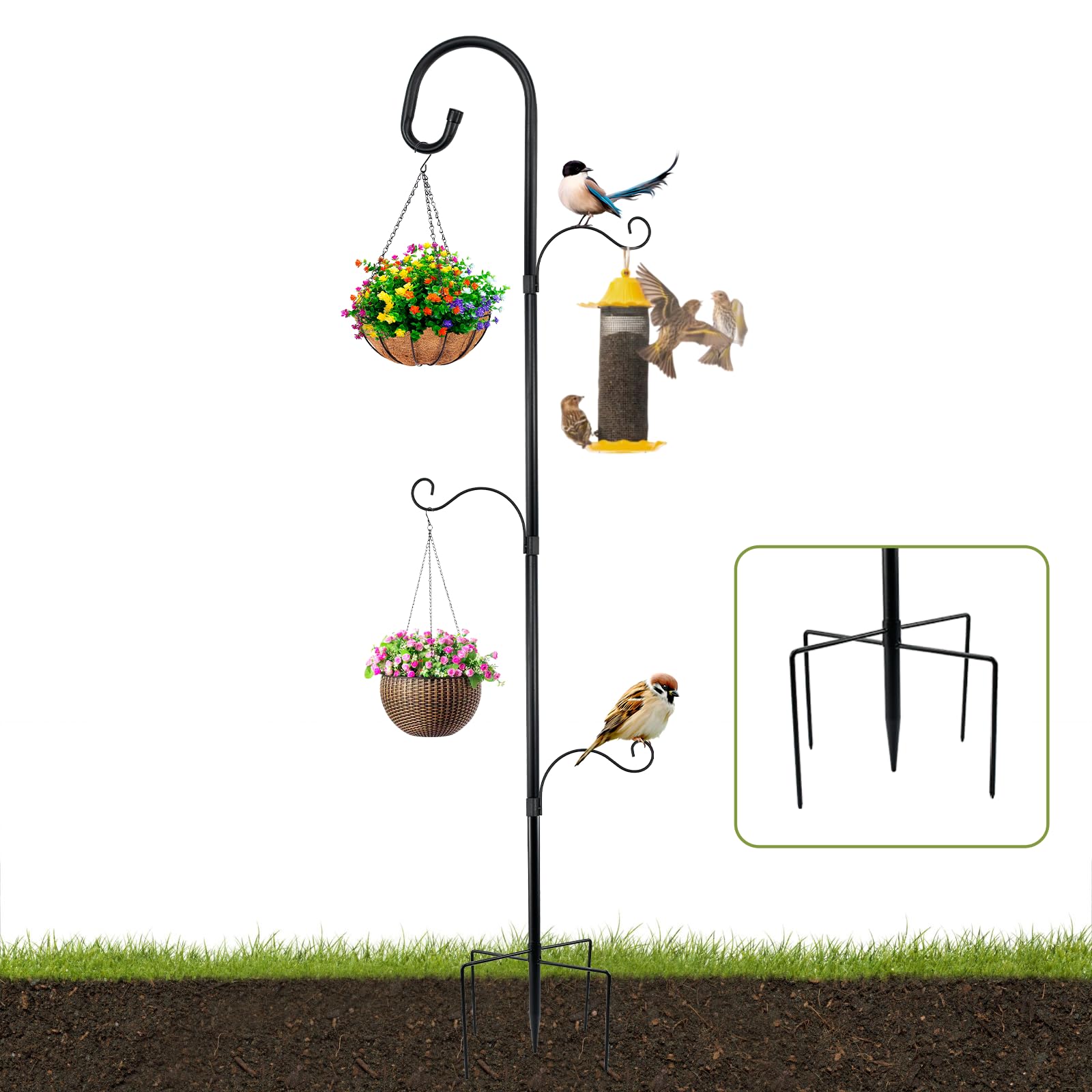 Asta Decorativa Giardino in Metallo, Gancio da Pastore per Esterno, Asta da Giardino Regolabile con 3 Ganci, Supporto Metallico per Piante Pendenti, Mangiatoie Uccelli e Lanterne - 193cm, Nero