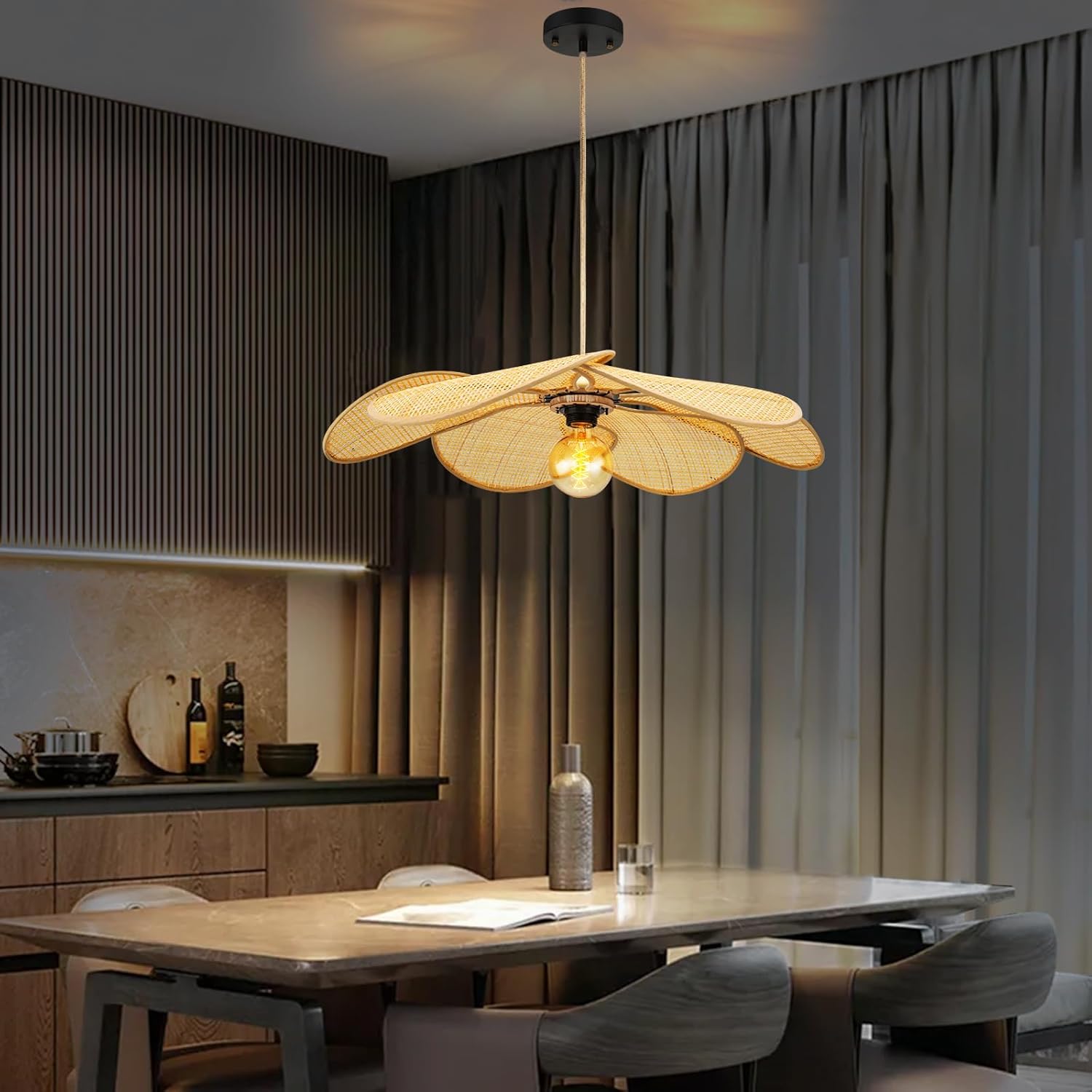 Bamboo Pendant Light Fixture, 24 Inch Flower Handwoven Rattan Lampshade 5”-34.5” Adjustable Height Hanging Lights, Boho Chandelier Ceiling Hanging Lamp for Living Room Kitchen Bedroom(Not Bulb)