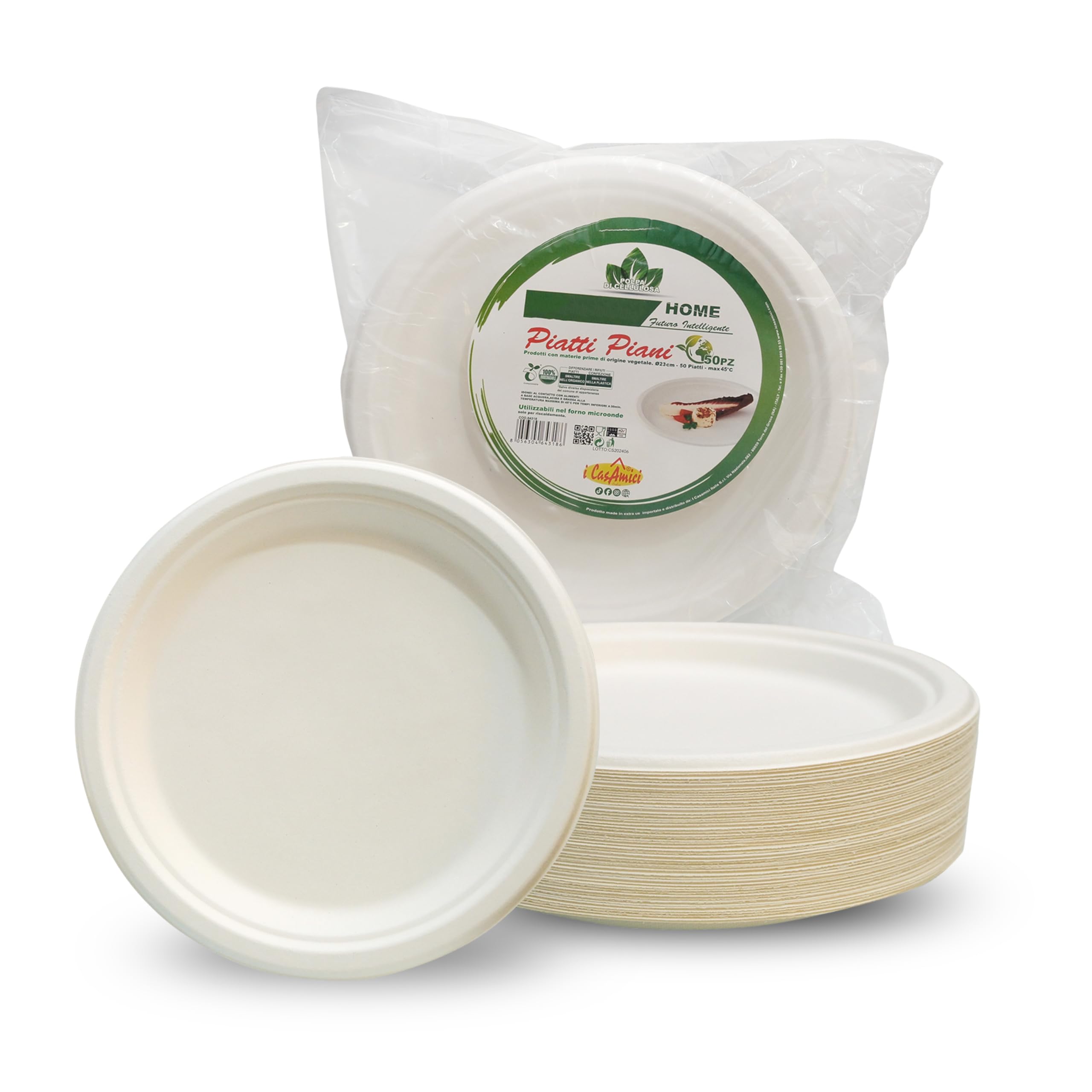 DETERMONDO Set di 150 Piatti Piani 23 cm in Carta Biodegradabile Compostabile, Usa e Getta, Adatti al Microonde, in Polpa di Cellulosa Naturale, Monouso Ecologici per Feste e Catering