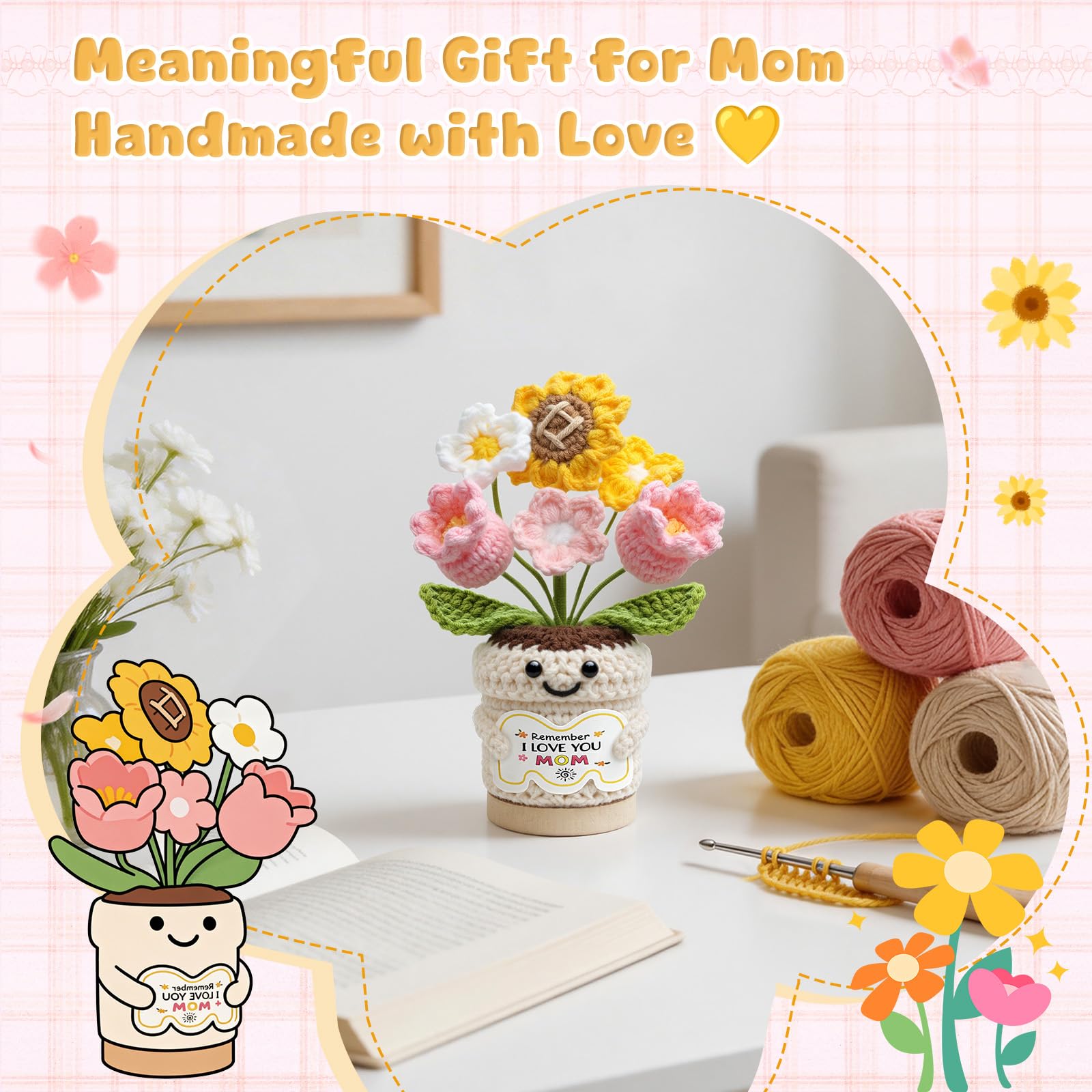 Gifts for Mom, Mothers Day Gifts for Mom from Daughter Son, Mom Birthday Gifts, Crochet Flower Pot, Handmade Knitted Sunflower Tulip, Cute Mom Gifts Desk Decor Positive Emotional Support Gift - 5