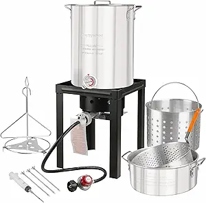 Outdoor Turkey Deep Fryer Set Seafood Boiler Kit Fish Fryer with Crawfish Boil Pot Basket 55000 BTU Untimed Gas Burner Heavy Duty Steel Frame 30 & 10 Quart Aluminum Stock Pot & Basket Lid