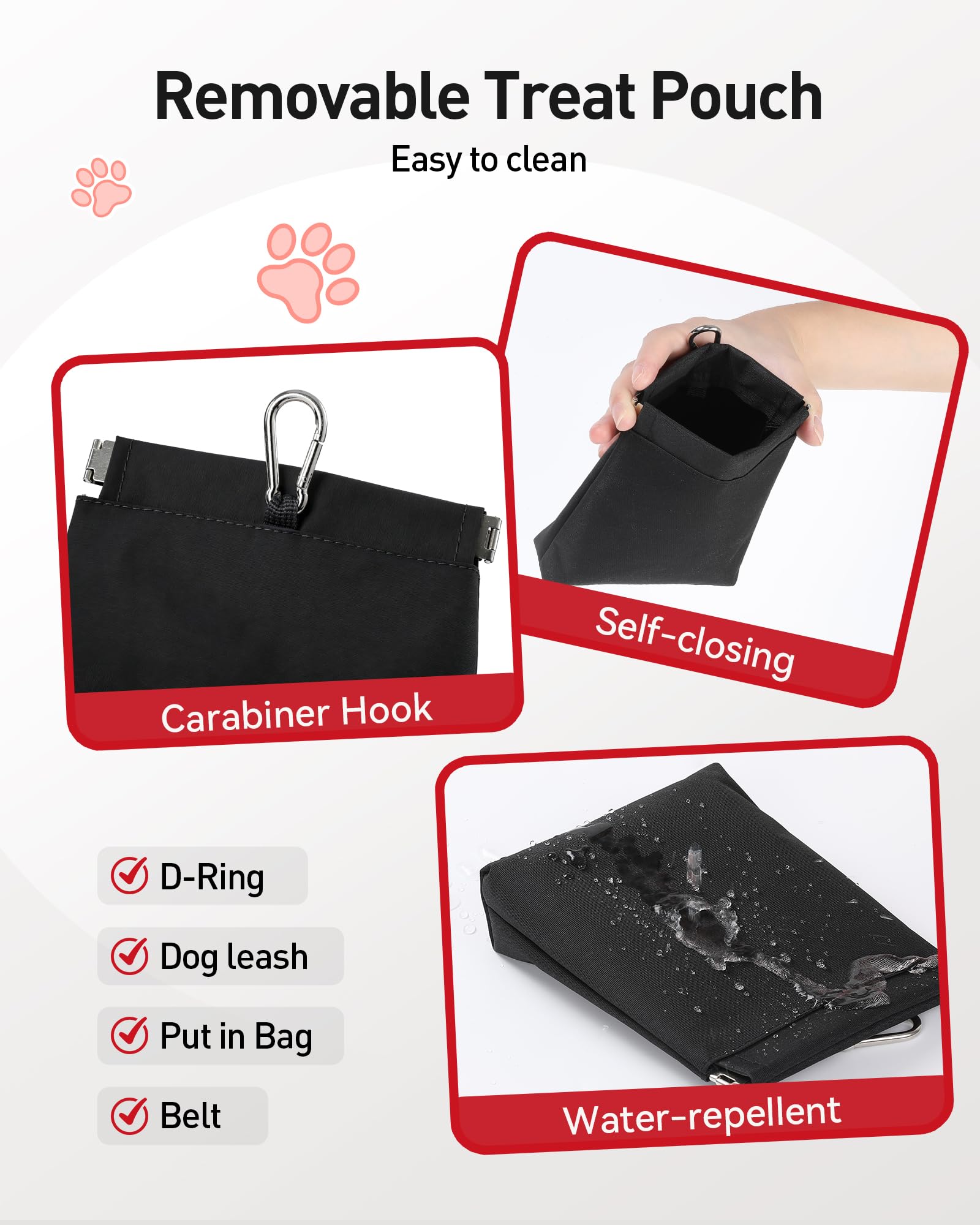 AGPTEK Sac à Friandises pour Chien, Sac Banane Grande Capacité Dressage Canin, Imperméable, Poche Amovible, Porte-Gourde, Distributeur de Sacs à Déjections, Fermeture Étanche, Sangle Ajustable, Noir