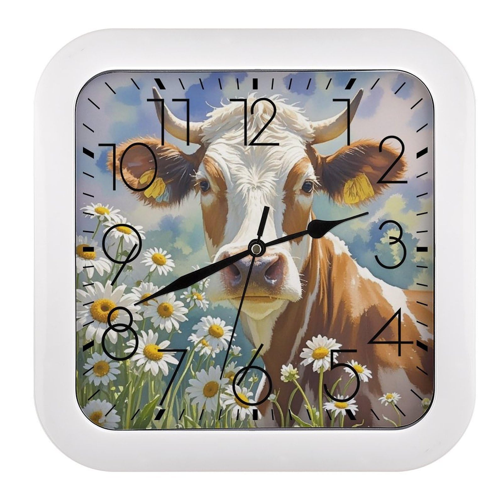 LZQPOEAS Watercolor Cow and Daisy Flower Wall Clock Fashionable Versatile Silent Wall Clock Simple Elegant Non Ticking Analog Clocks Easy to Install Square Modern Clocks for Home Decoration