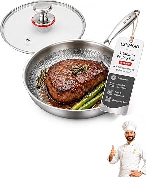 Titanium Pans for Cooking Frying Cookware 9.45inch Non Stick Small Pure Skillet Camping Hammered with Lid Even Heating Induction Compatible Oven & Broiler Dishwasher