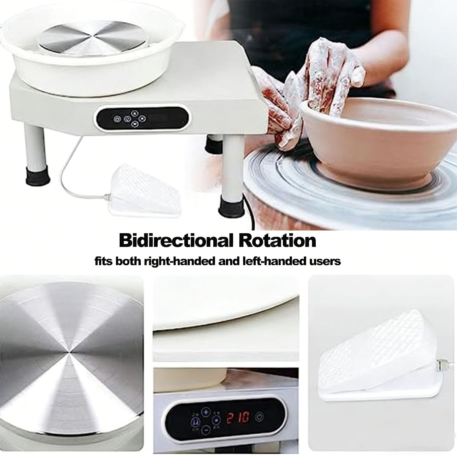 Kit de torno de alfarero, máquina para dar forma a la cerámica con pedal y pantalla LED, ajustable hacia adelante o hacia atrás, bajo nivel de ruido, para la enseñanza de arte para principiantes.
