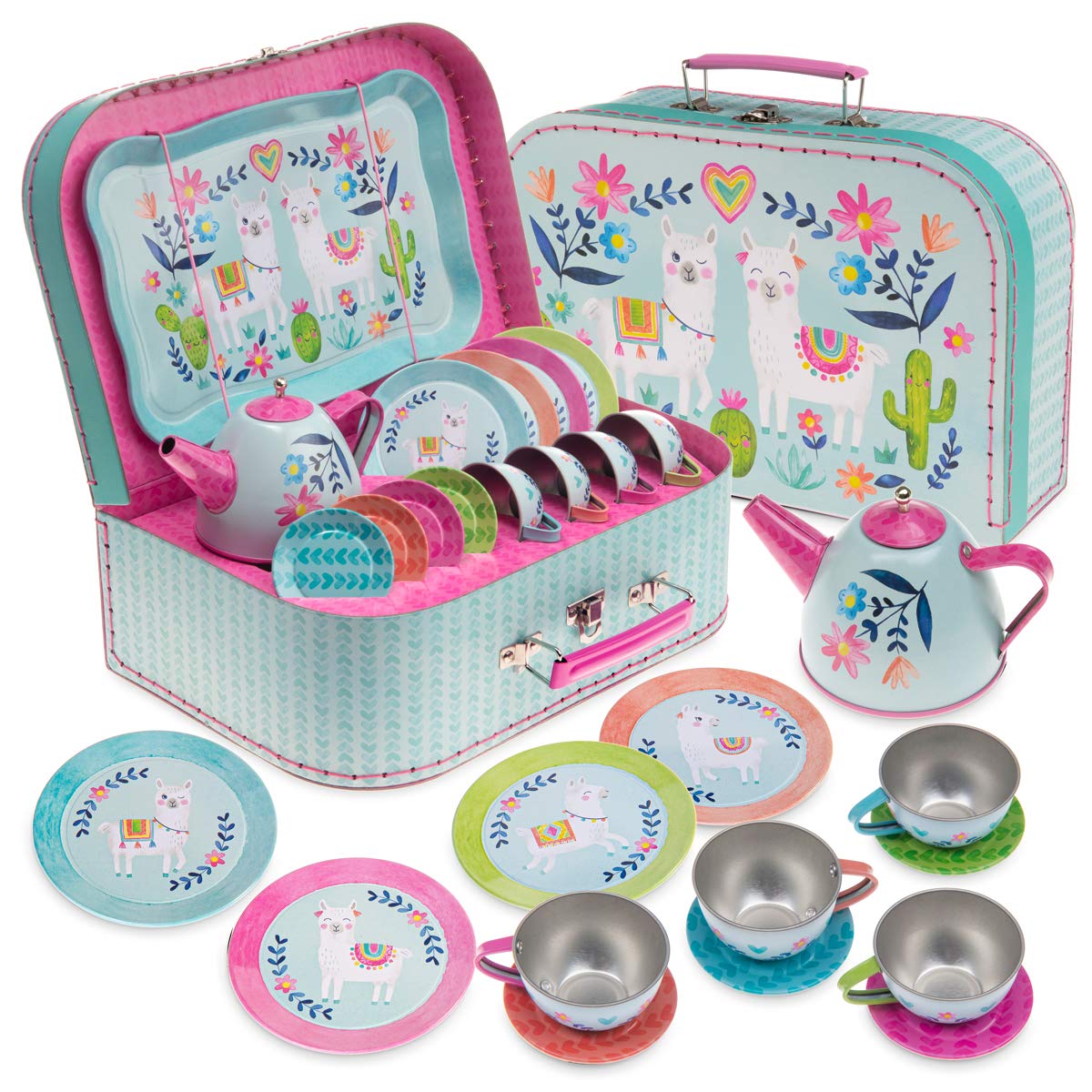 Jewelkeeper Toddler Toys Tea Set for Little Girls - 15 Pcs Tin Tea Set for Kids Tea Time Includes Teapot, 4 Tea Cup and Saucers Set & 4 Snack Plates , Llama Tea Party Set with Carrying Case