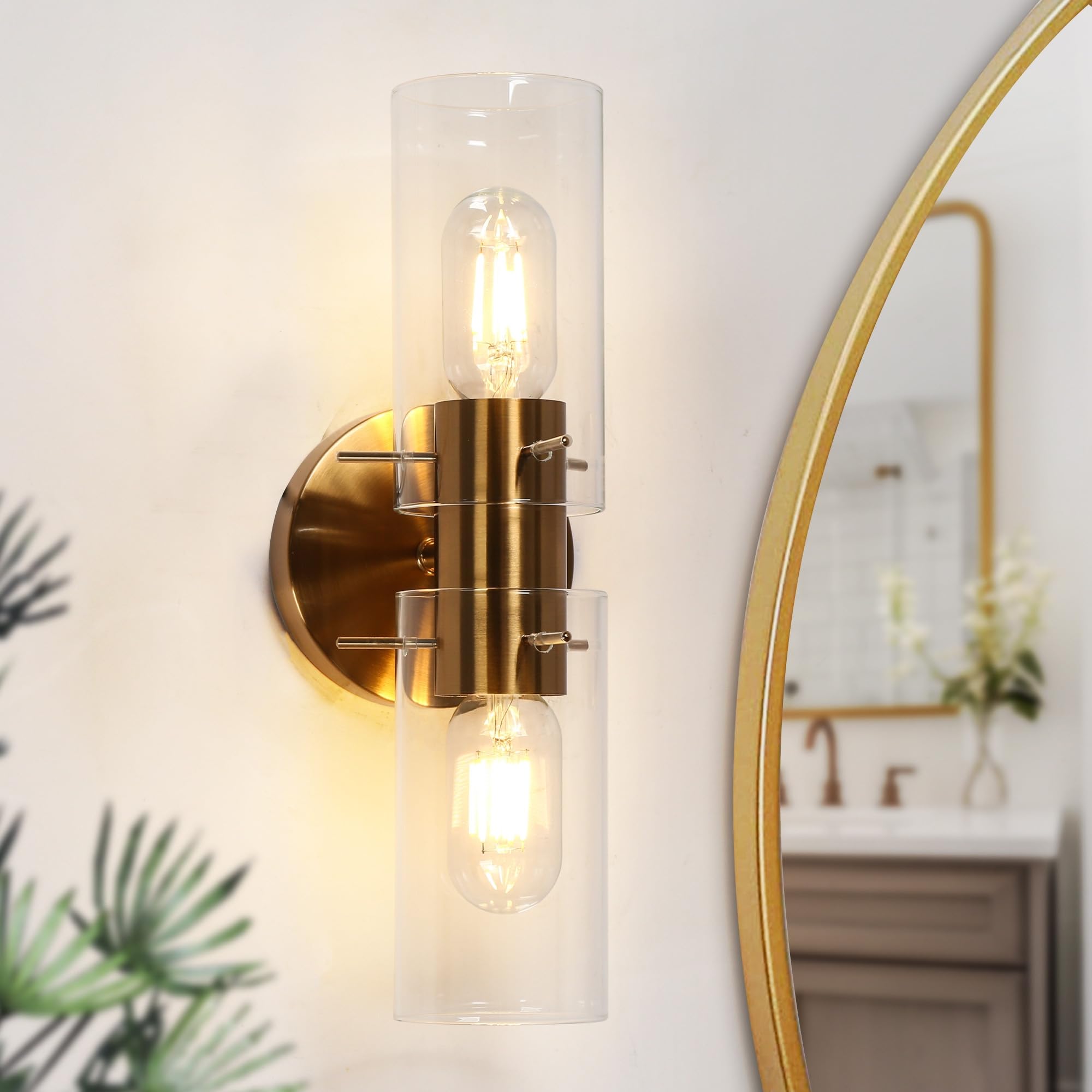 KSANA Gold Bathroom Sconces Wall Lighting Modern Wall Sconce with Clear Glass Shade 2-Light Vanity Light Fixtures Over