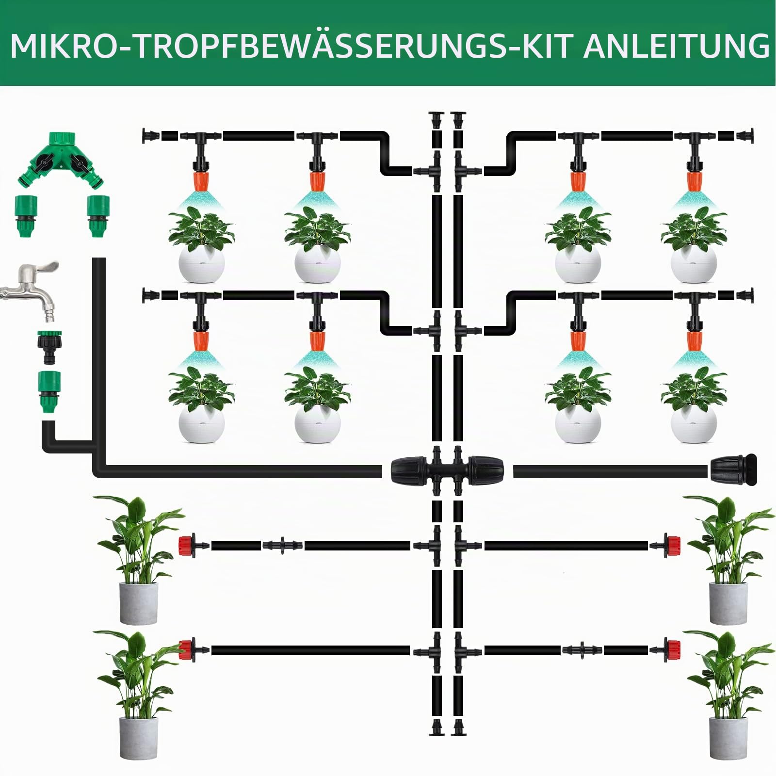 Garten BewässerungsSystem, 340Pcs Garten Bewässerung Kit,55M+15M Bewässerungsrohre,Automatik Tröpfchenbewässerung Gartenbewässerung Misting Kühlsystem für Landschaft,Flower Bed und Terrasse Pflanzen