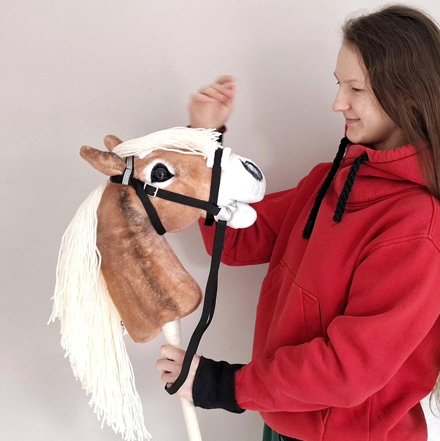 Set Hobby Horse A3 + Abnehmbare Trense & Halfter | Großes Steckenpferd Haflinger | Abnehmbare Trense & Lange Mähne | Stockpferd mit Zubehör