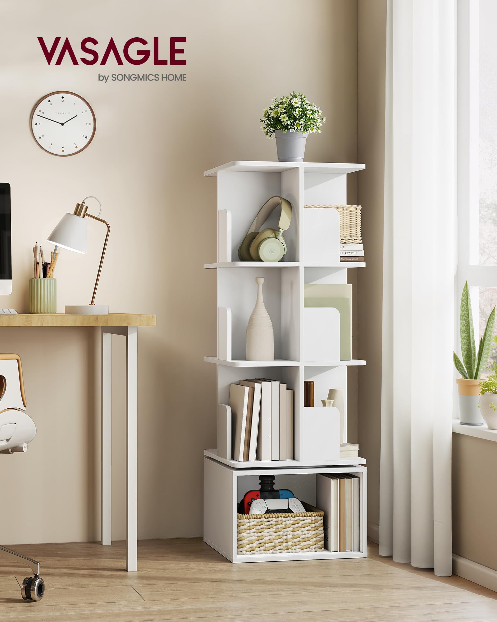 VASAGLE CUSTOS Collezione - Libreria Scaffale Girevole a 360°a 4 Ripiani, Scaffale Portaoggetti, Scomparti Aperti, 40 x 40 x 124,6 cm, per Camera da Letto Soggiorno Studio, Bianco Nuvola LBC471WB01