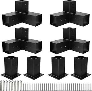 New Woodworks/Aluminum Pergola Bracket Kit with Black Powder Coated - 4 Arm Aluminum Pergola 3-Way Corner Extension Brackets and 4 Solos Aluminum Pergola Post Base for 4x4 Wood Post(Actual: 3.5"x3.5")