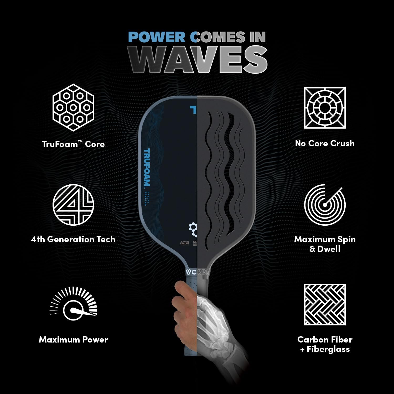 CRBN Pickleball - TruFoam Waves Paddle - Carbon Fiber Pickleball Paddle - 100% Foam Core Designed for Maximum Power, 14mm - Image 3