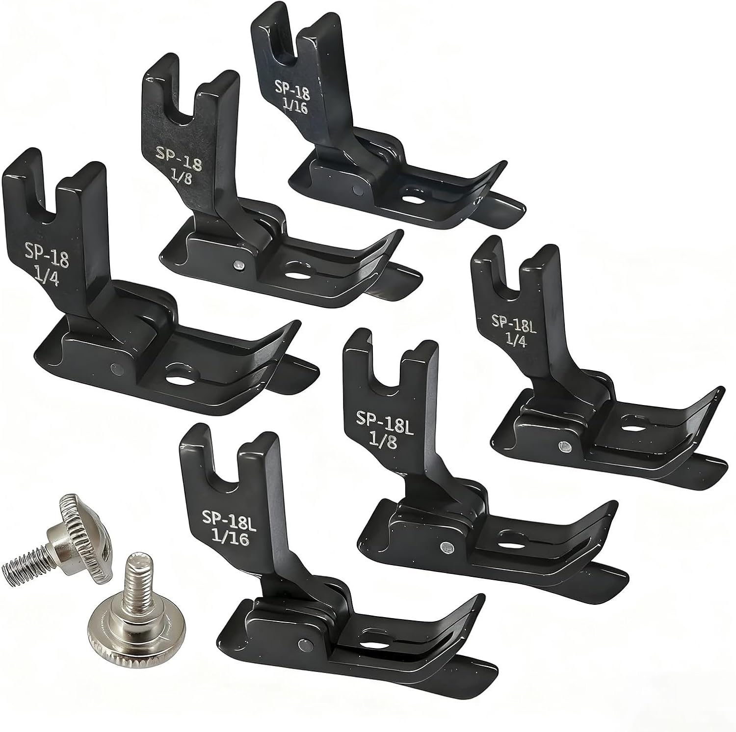 3 Sizes(6pcs) Industrial Sewing Machine Hinged Presser Foot #SP-18 with Right & Left Guide(1/16''+1/8''+1/4'') with 2 Pcs Screw for JUKI DDL-127,DDL-227,DDL-500,DDL-552 CONSEW 210,218,219