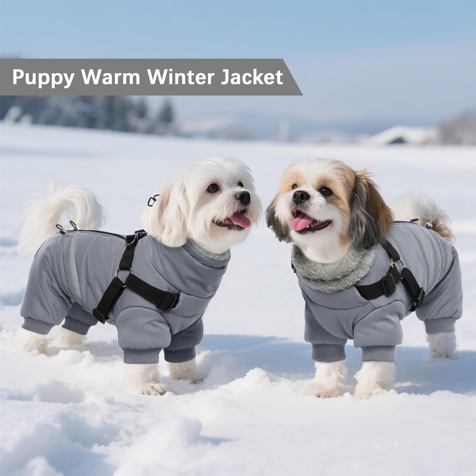BRKURLEG Cappotto invernale per cani grigio, accogliente giacca invernale per cani, con imbracatura, calda per cani, cappotto natalizio per cani, riflettente per animali domestici, antivento, caldo
