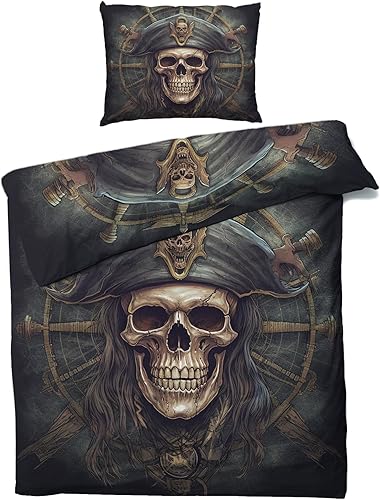 Funda de edredón pirata tamaño individual  Juego de ropa de cama de calavera  2 piezas  Funda de edredón de microfibra suave con lazos de cremallera