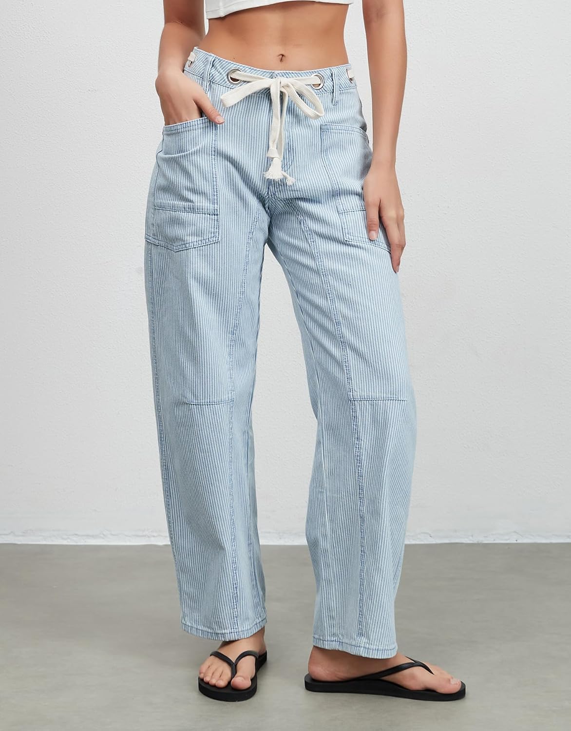 Kedera Women's Striped Barrel Jeans Trendy Mid Rise Wide Leg Baggy Pants Casual Y2K Loose Boyfriend Drawstring Jeans - Image 3