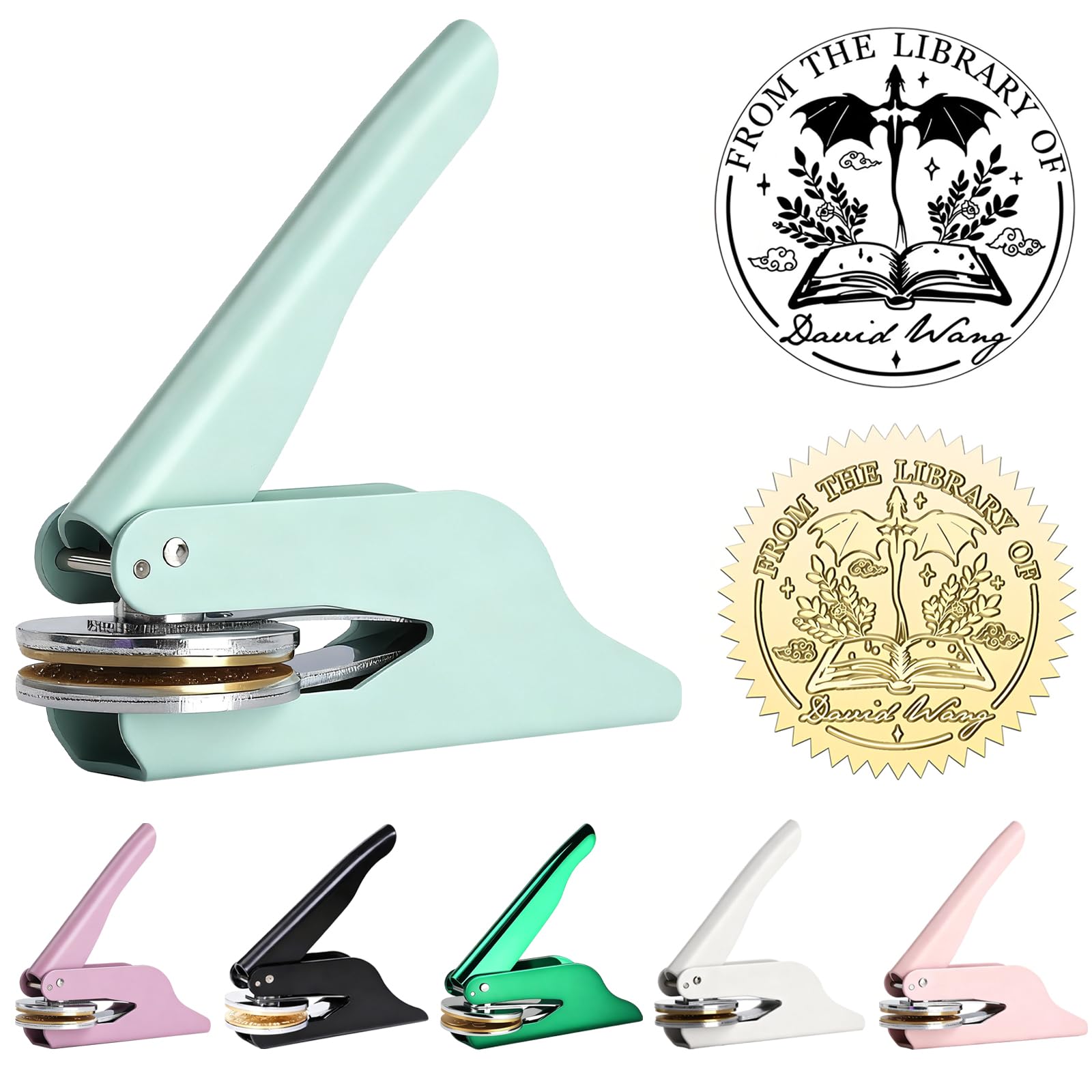 Book Embosser Stamp Custom Logo Embosser Seal Stamp for Books, Cards, Paper, Envelopes, Napkins Wedding Invitations Gift (Light Green) โ image 1