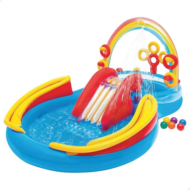 Intex Centro de Juegos Hinchable Arco Iris, Piscina y tobogán con Base Acolchada, aspersor, 8 Bolas y 4 Anillas para Jugar, +2 años (57453)