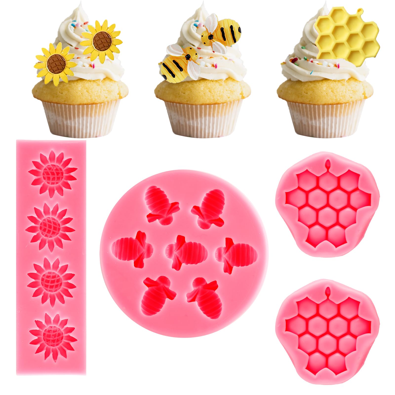 4Pieces Sunflower Honeycomb and Bee Theme Cake Silicone Mold Set for Cake Decoration Cupcake Toppers DIY Chocolate Fondant Candy Cookies Polymer Clay Soap Crafting Project (Pink)