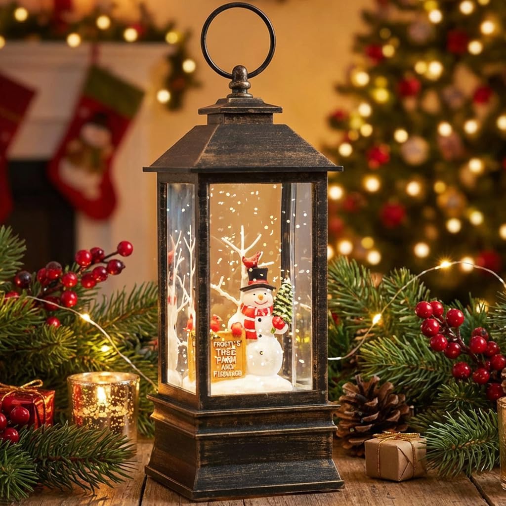 10″ Christmas Snow Globe Lantern with Farm Snowman，Lighted Swirling Glittering Snow Globes with Music & Timer, Christmas Decorations for Home Tabletop Indoor