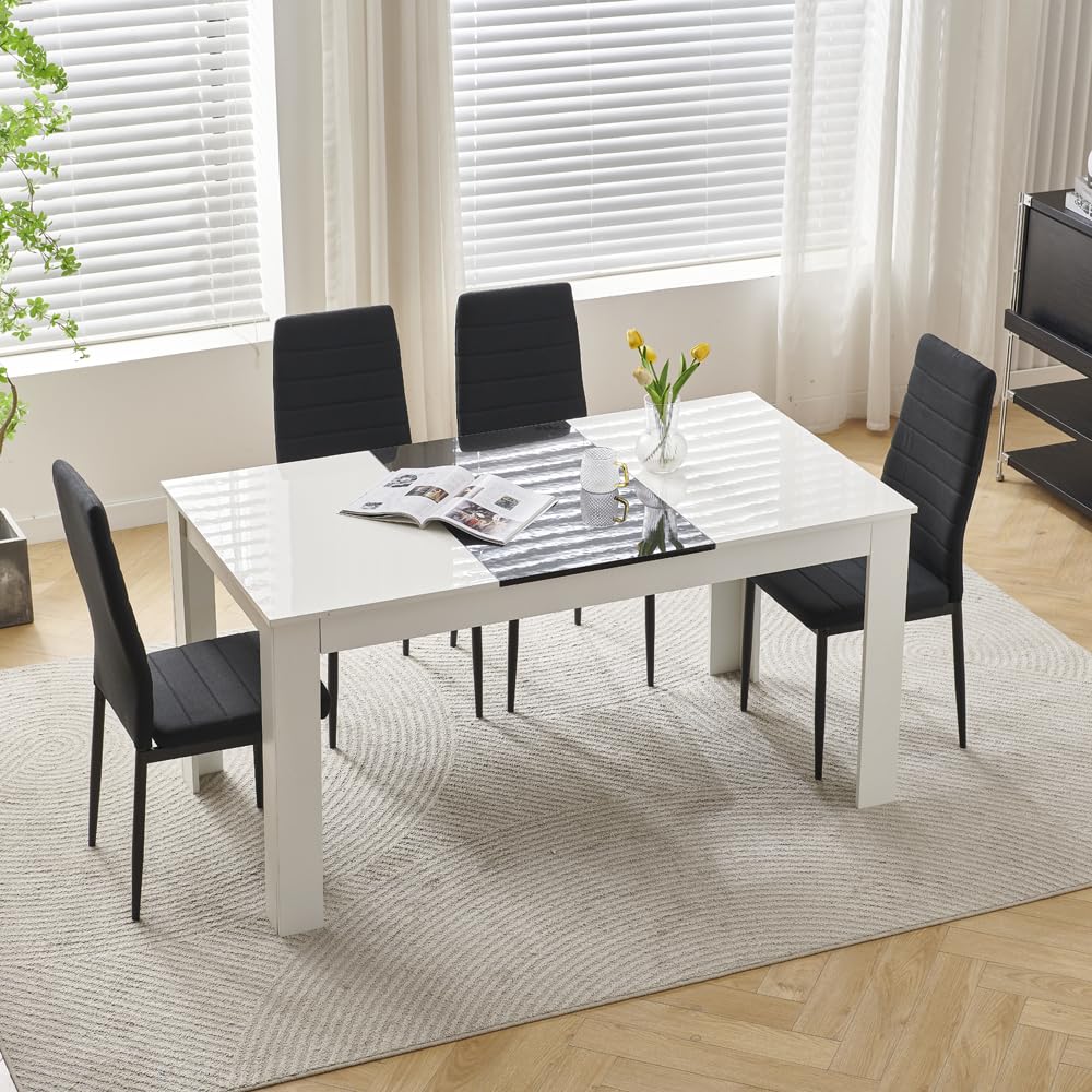 Menaka Modern Small Wood Dining Room Table and Chairs Set of 4 for Small Space, 5pcs 120cm Kitchen Table with 4 Seats Chairs Set for Restaurant Dinette (4 Black Linen Chairs, 150cm table)