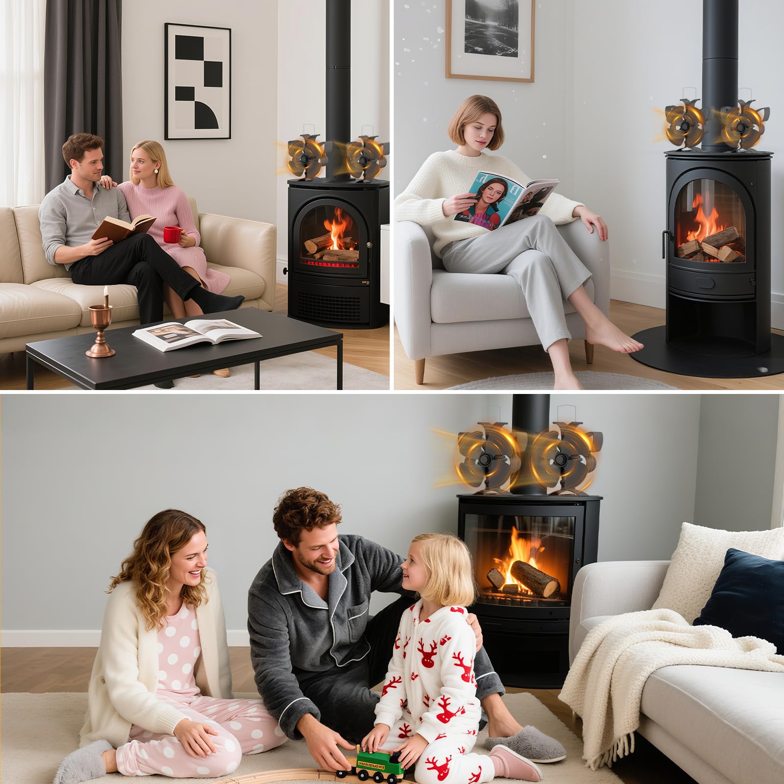 Ventilateur Poele à Bois, 4 Pales Ventilateur Cheminée Silencieux Alimenté Par la Chaleur pour Poêle à Bois/Cheminée/Gaz/Bûches de Poêle