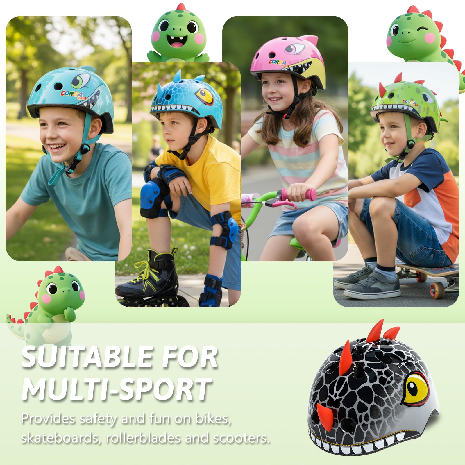 Casco de bicicleta para niños pequeños con diseño de dinosaurio, ajustable y ligero para niños y niñas, casco multideportivo para bicicleta, scooter, monopatín, 2 tamaños de niño a joven (negro S)