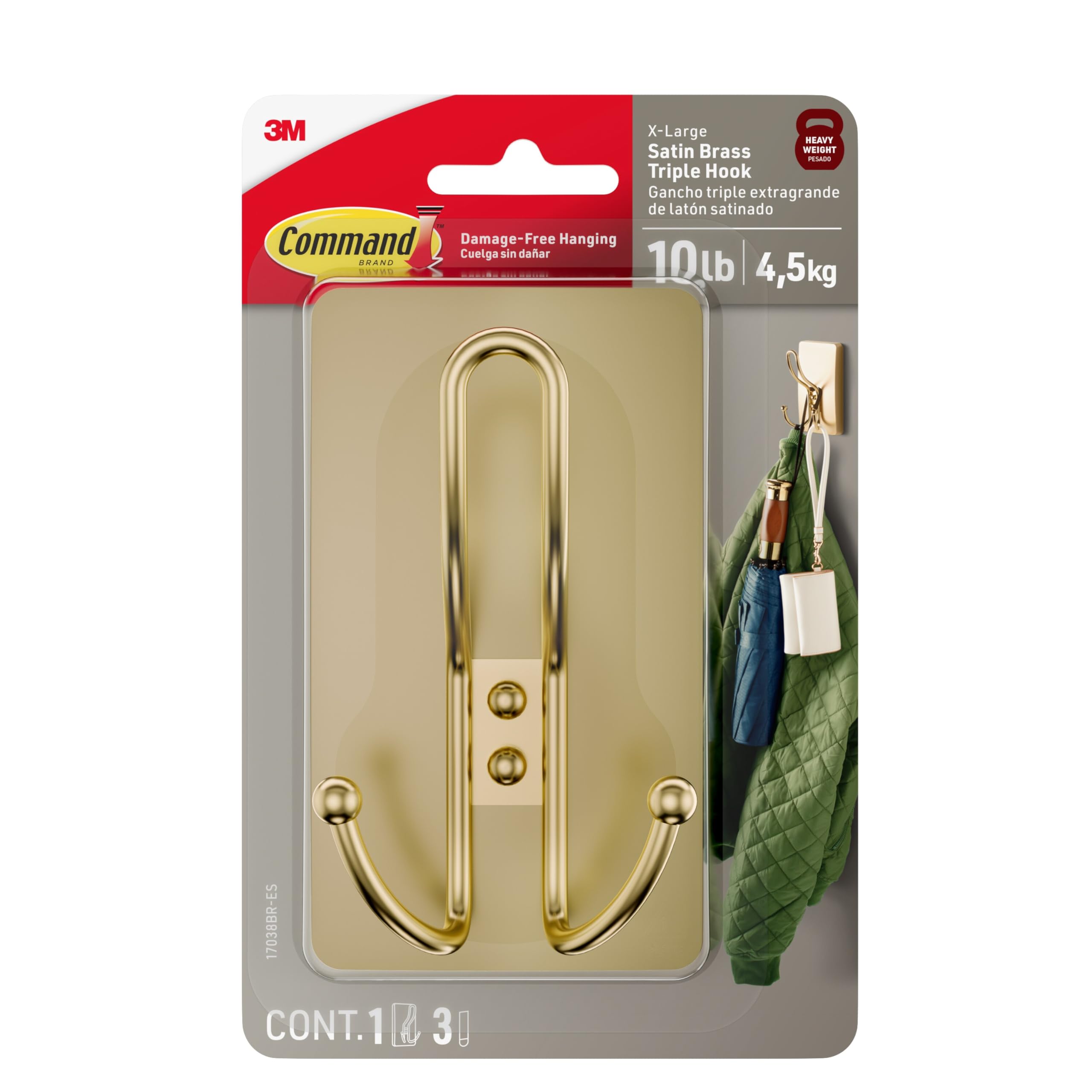 Photo 1 of Command X-Large Satin Brass Triple Hook, 1 Hook, 3 Strips, Damage-Free Hanging with Adhesive Strips, No Tools Wall Hook for Hanging Decorations in Living Spaces