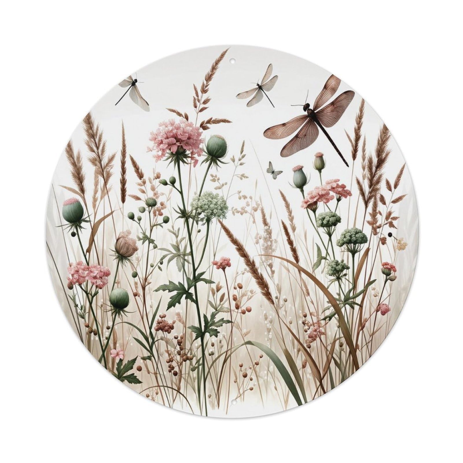 Floral Meadow Dragonfly Pattern Print Round Tin Sign Retro Metal Sign for Cafe Bar Pub Home Game Room Gym Club Wall Decoration Vintage Metal Poster 8x8 Inch